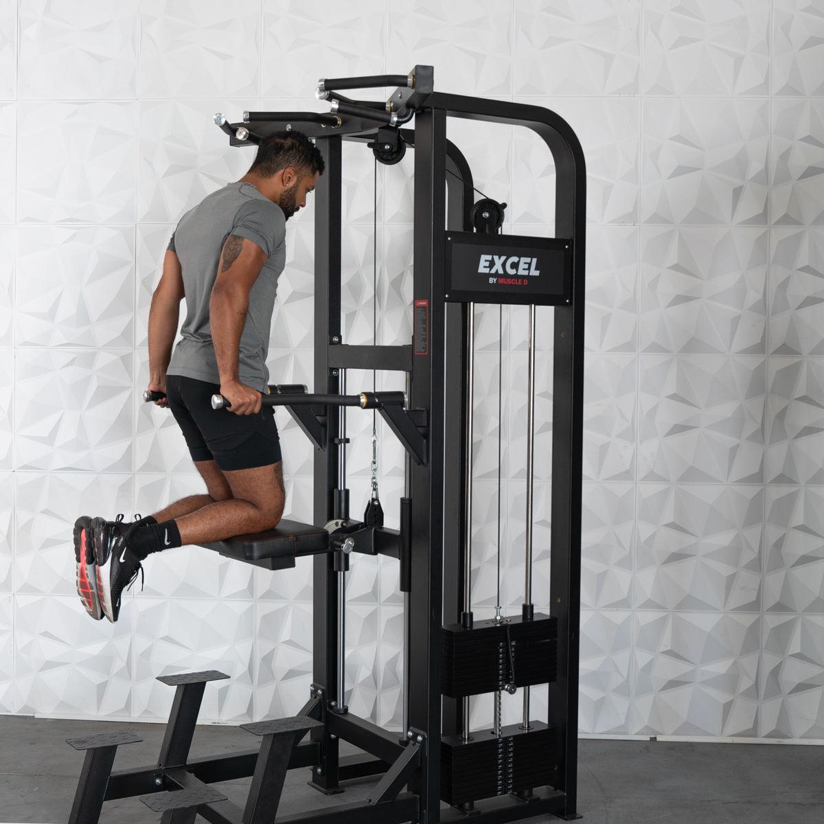 Muscle D Fitness - Excel Selectorized Assisted Chin / Dip Combo - Functional Handles - Collapsable Knee Pad - Adjustable Width Dip Bars