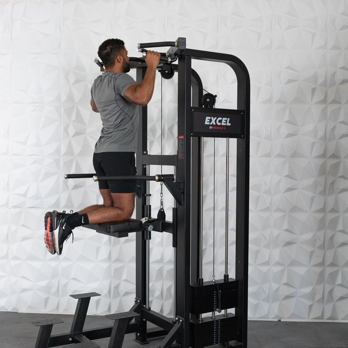 Muscle D Fitness - Excel Selectorized Assisted Chin / Dip Combo - Functional Handles - Collapsable Knee Pad - Adjustable Width Dip Bars