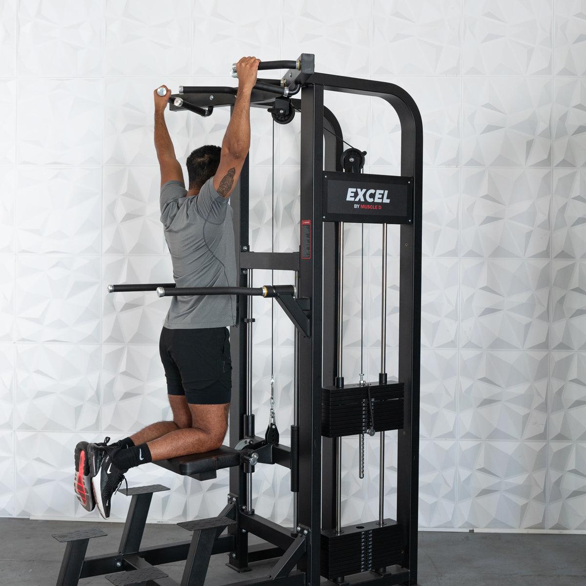 Muscle D Fitness - Excel Selectorized Assisted Chin / Dip Combo - Functional Handles - Collapsable Knee Pad - Adjustable Width Dip Bars