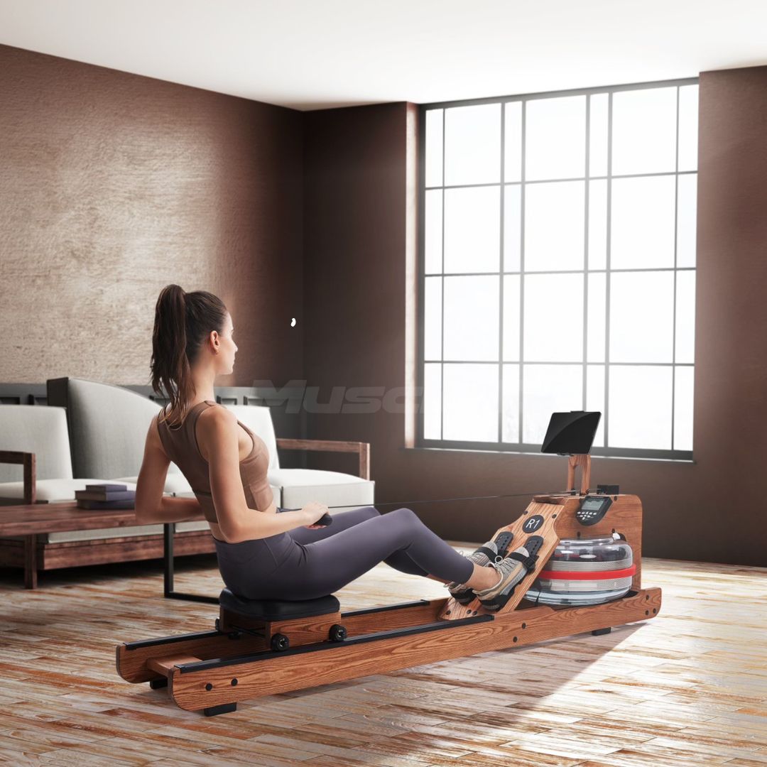 Muscle D Fitness - Water Rower - Wooden Seated Adjustable Water Rower